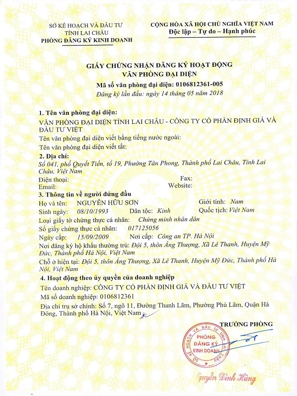 Văn phòng đại diện thẩm định giá tại Lai Châu