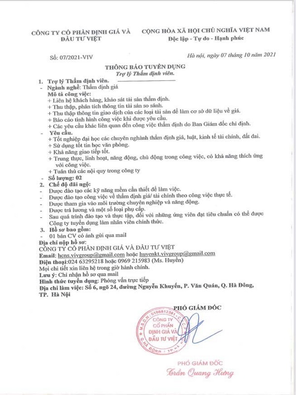viv thông báo tuyển dụng trợ lý thẩm định viên 
